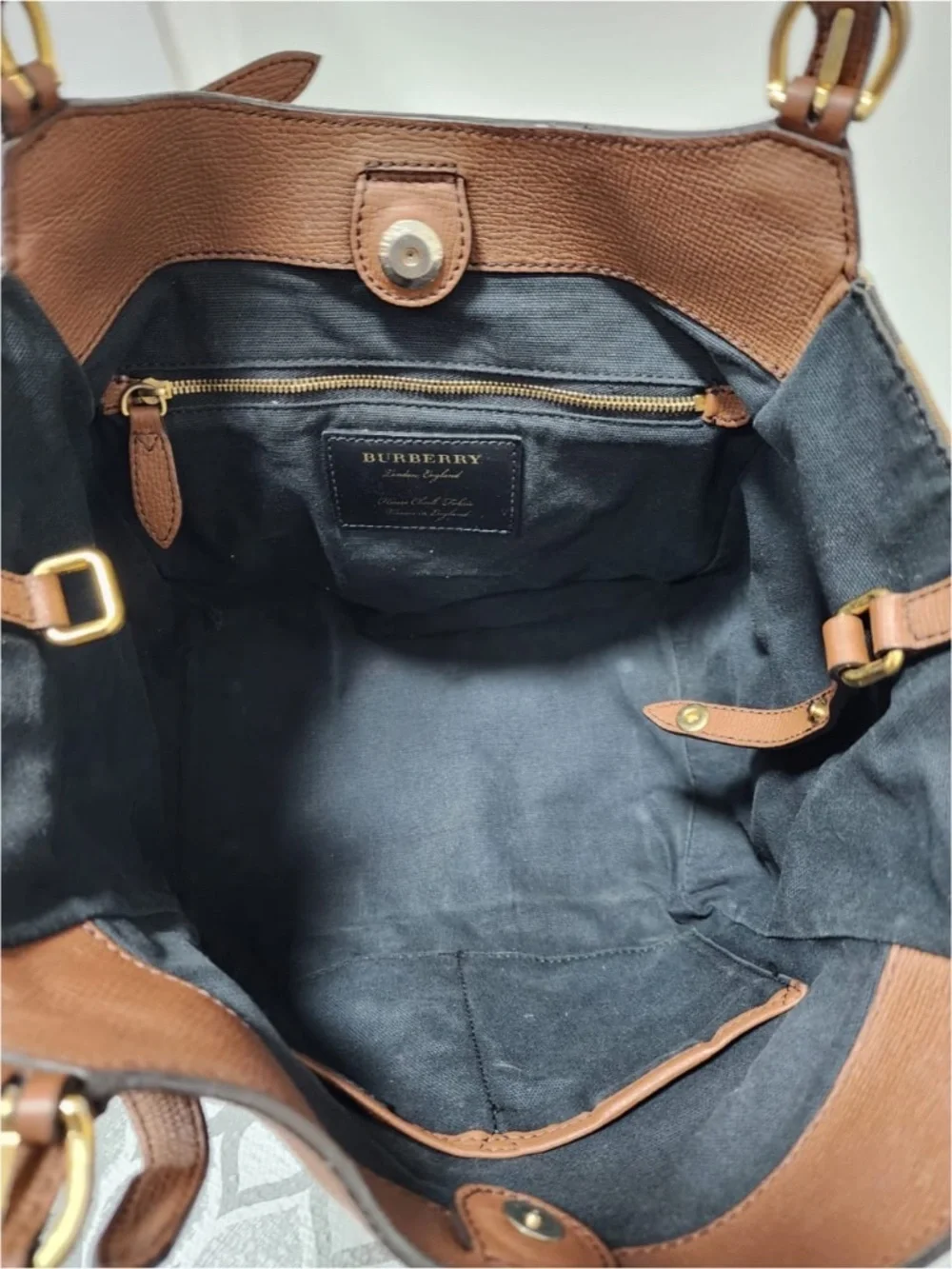 Authentic BURBERRY Leather And House Check Canvas Small Canterbury Tote Bag Brow